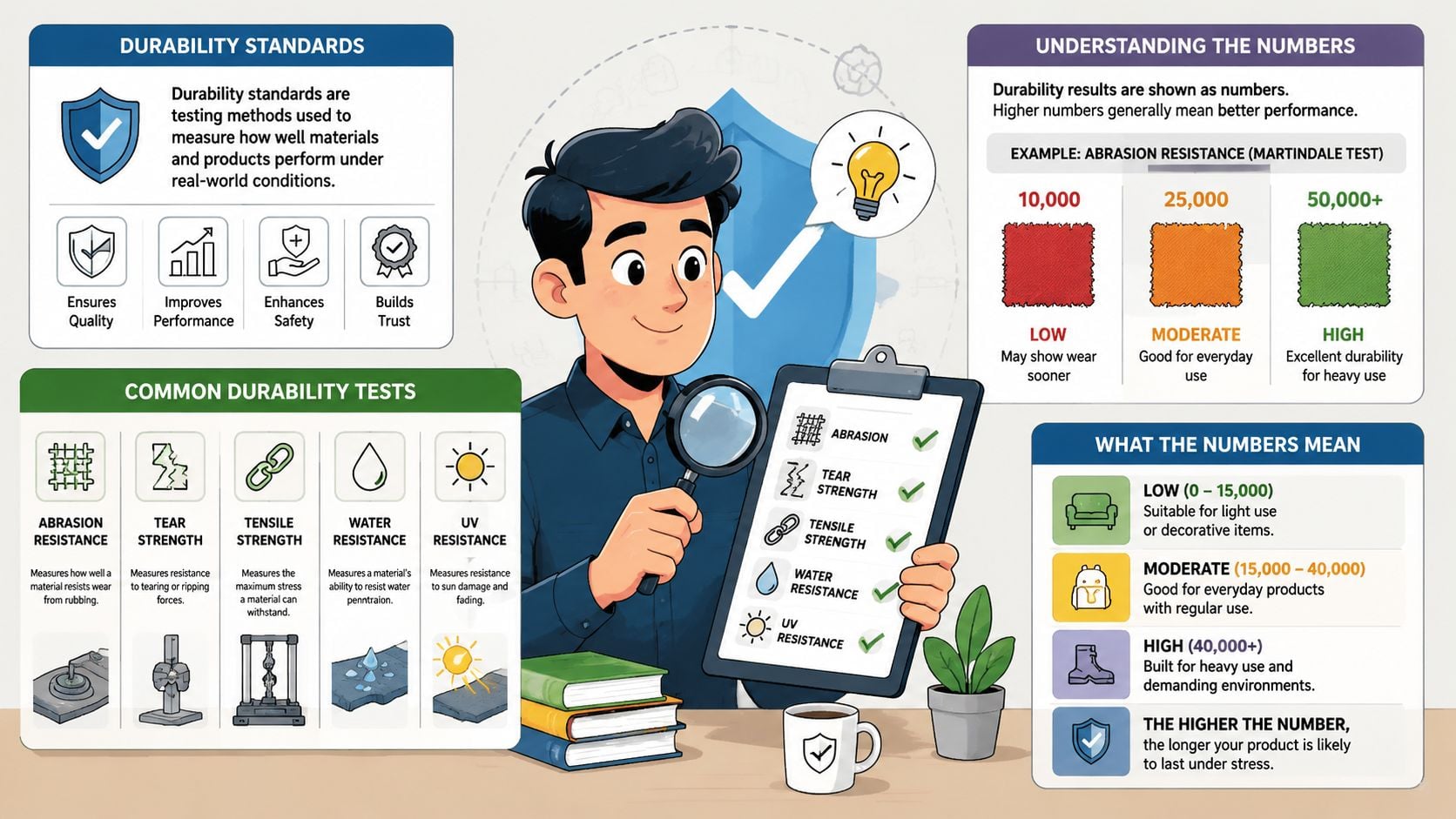 A cartoon expert holding a clipboard explains various durability tests for fabric quality to guide upholstery selection.