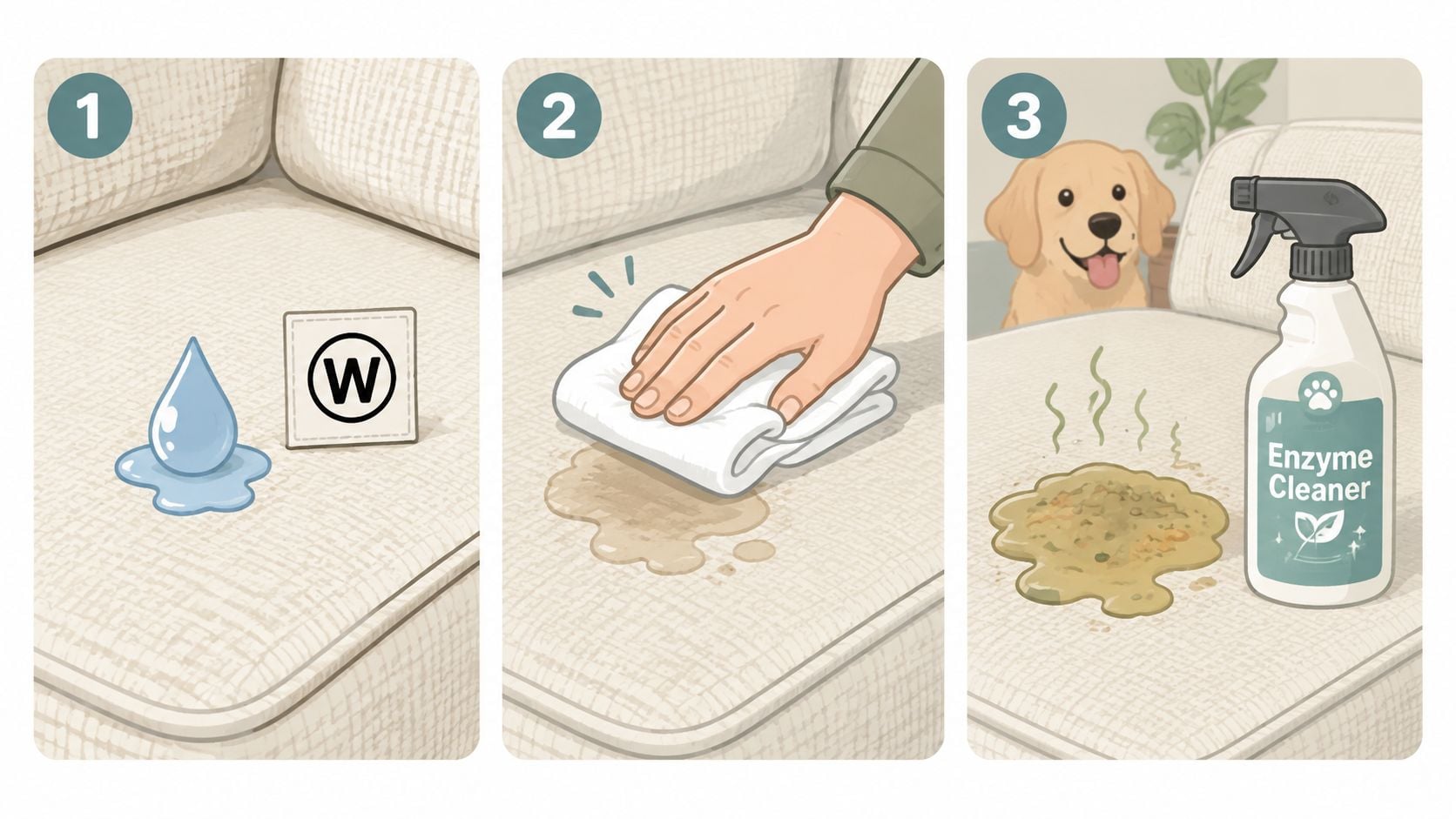 An illustration showing three steps to clean pet stains from furniture using an enzyme cleaner.