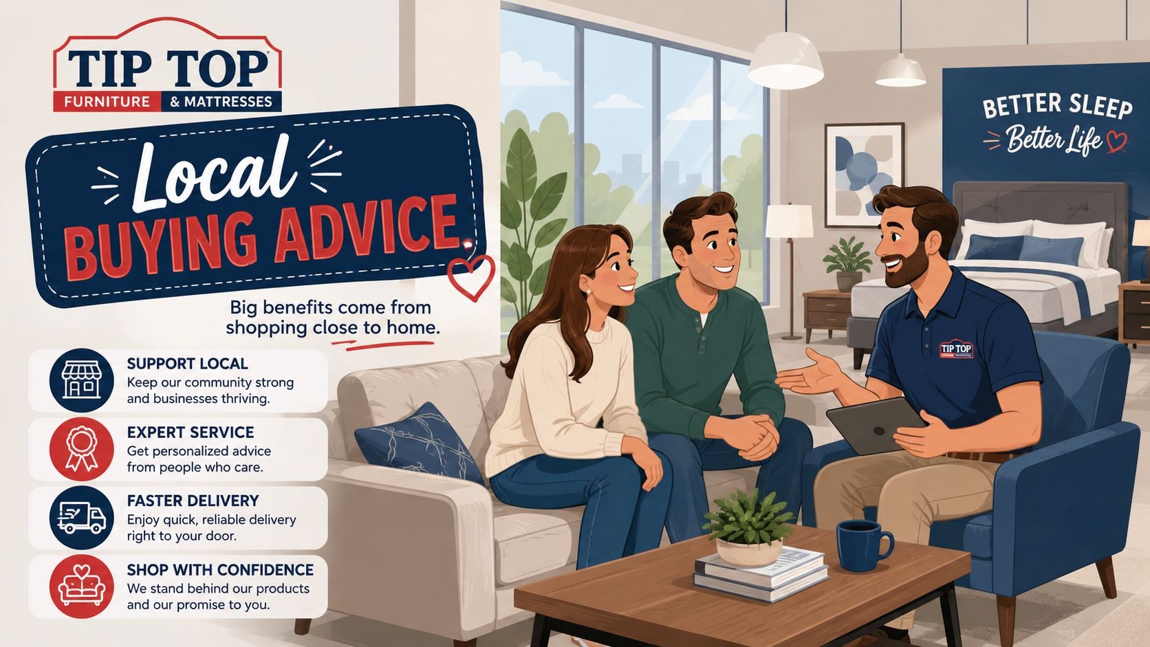 A friendly Tip Top Furniture consultant provides local buying advice to a couple in a modern showroom.