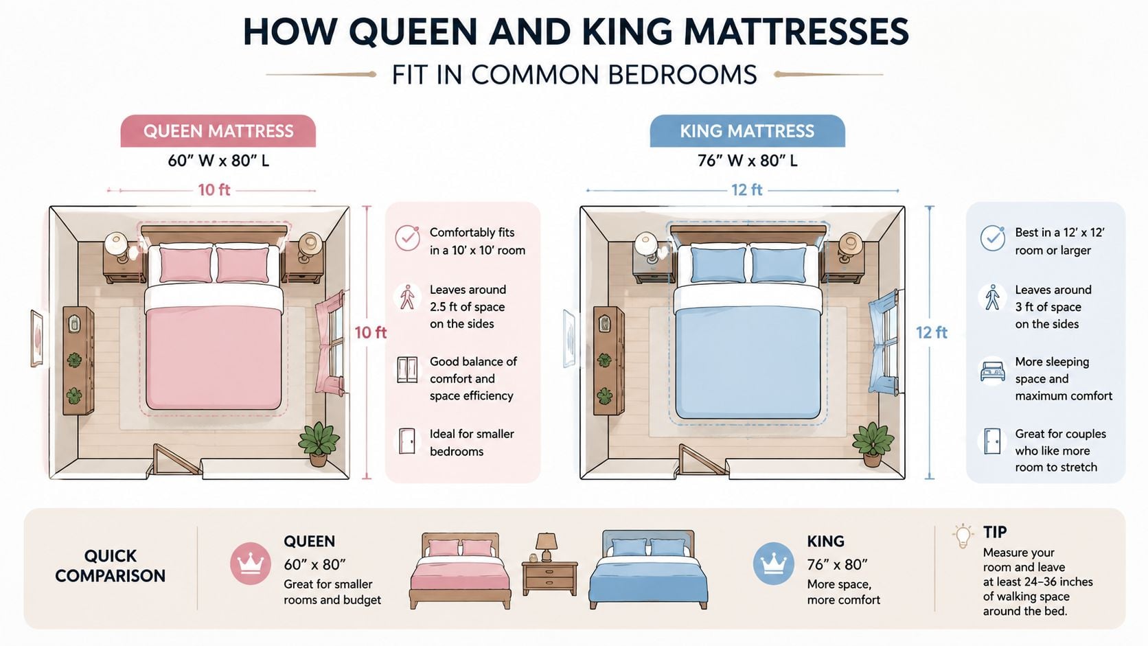 A comparison chart showing how queen and king size mattresses fit into standard sized bedrooms.