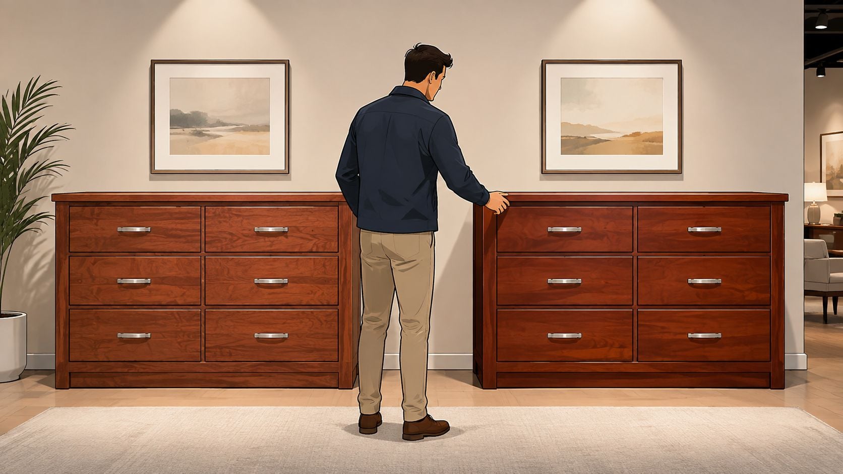 A man stands between two wooden dressers to compare the wood quality in a home store.
