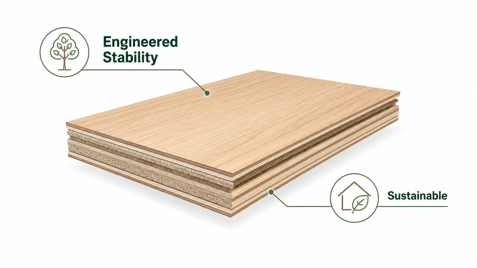 A diagram of a multi-layered wood plank highlighting its engineered stability and sustainable material composition features.