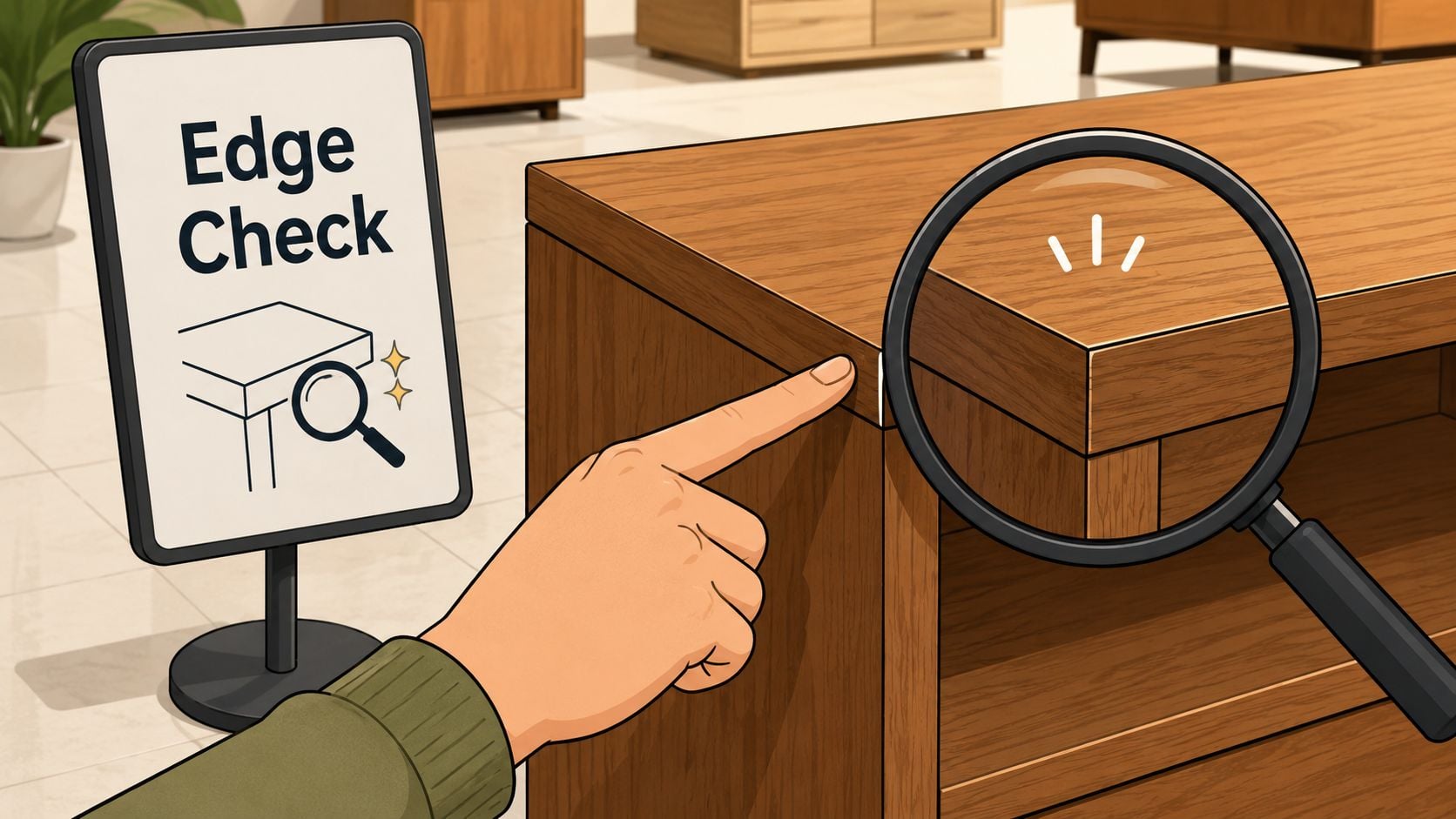 A close-up illustration showing a hand examining the edge of a wooden furniture piece with a magnifying glass.
