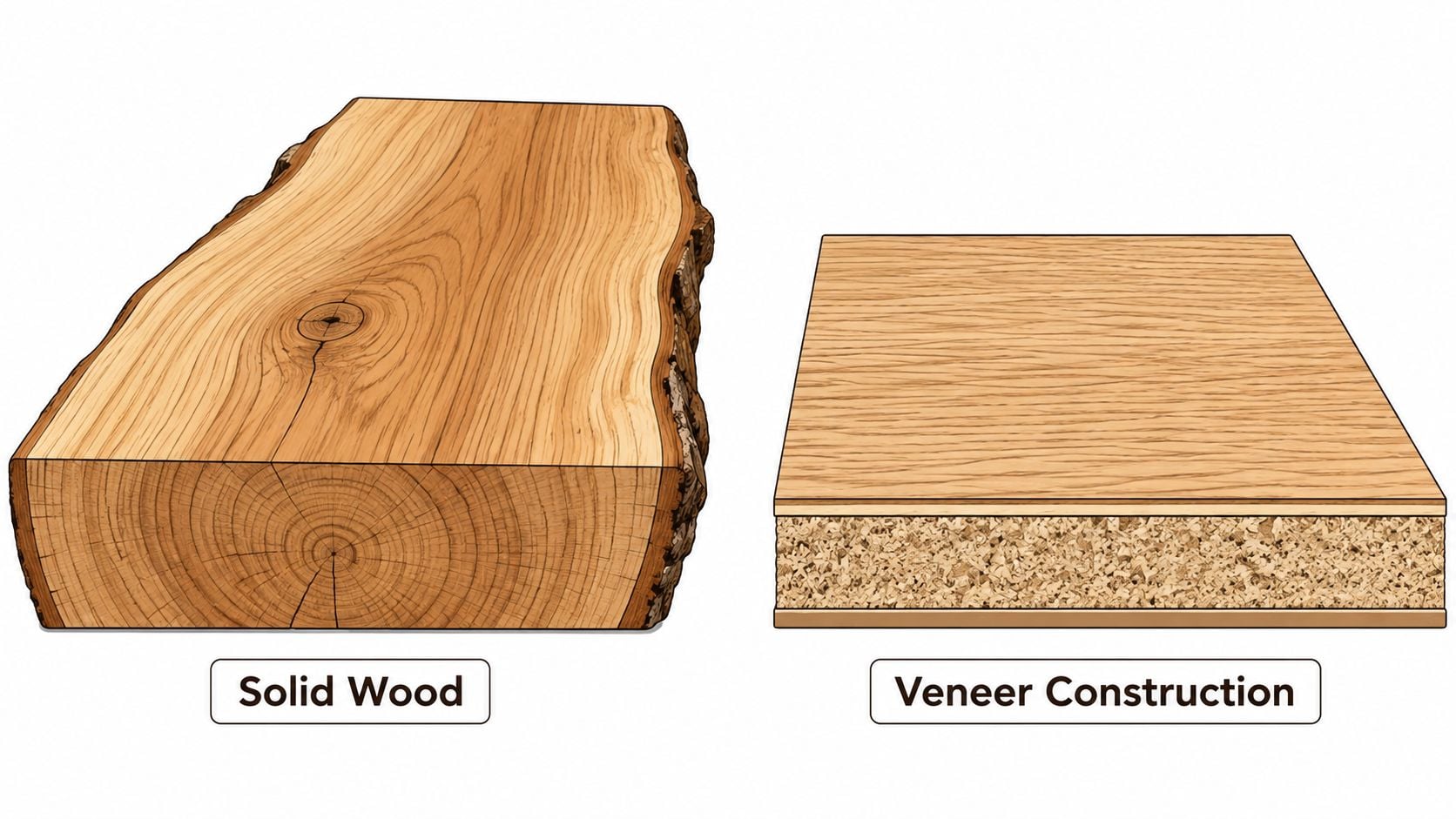 A split screen comparison showing a piece of natural solid wood and a piece of veneer construction.