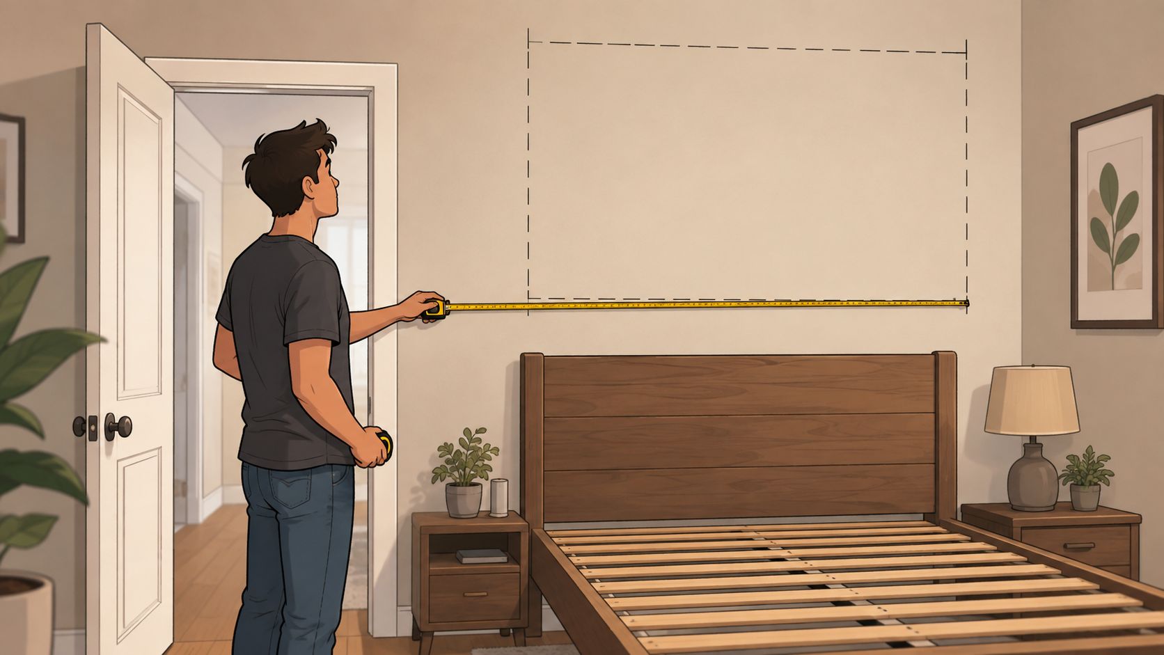 A man measuring a wall space above a bed frame for interior design planning in a bedroom.