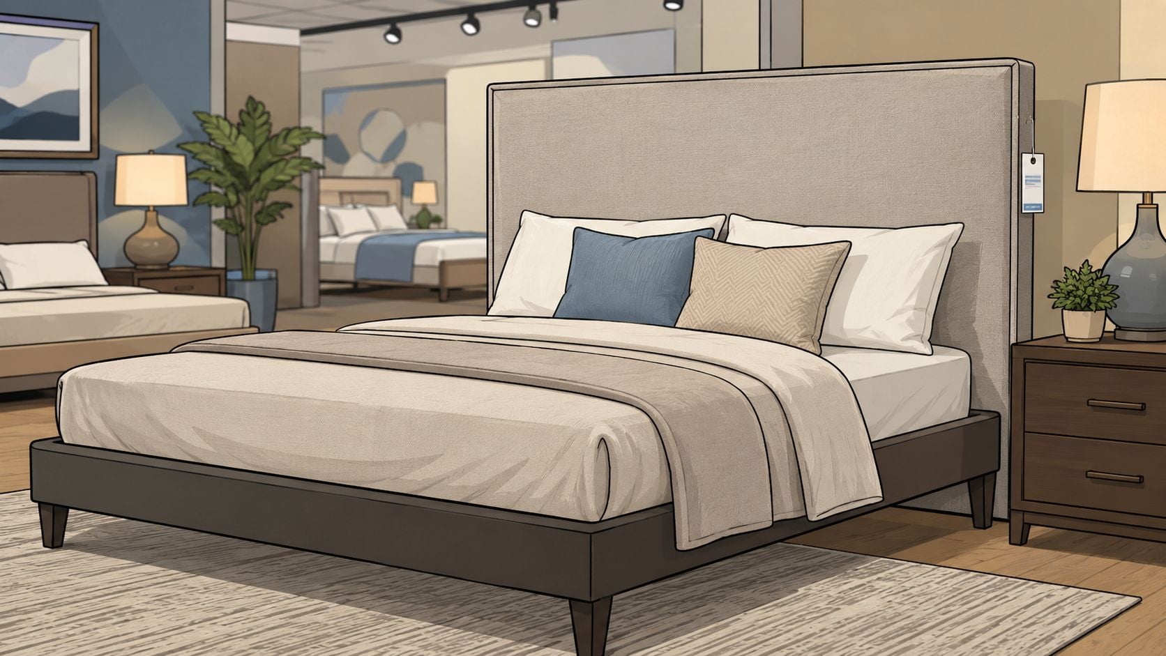 A modern bedroom display featuring a large upholstered headboard, beige bedding, and matching dark wooden nightstands.