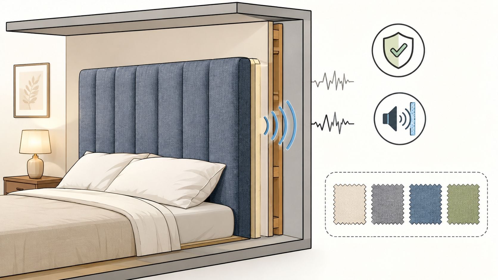 A cross-section illustration showing the soundproofing and protective layers behind a blue upholstered headboard in a bedroom.
