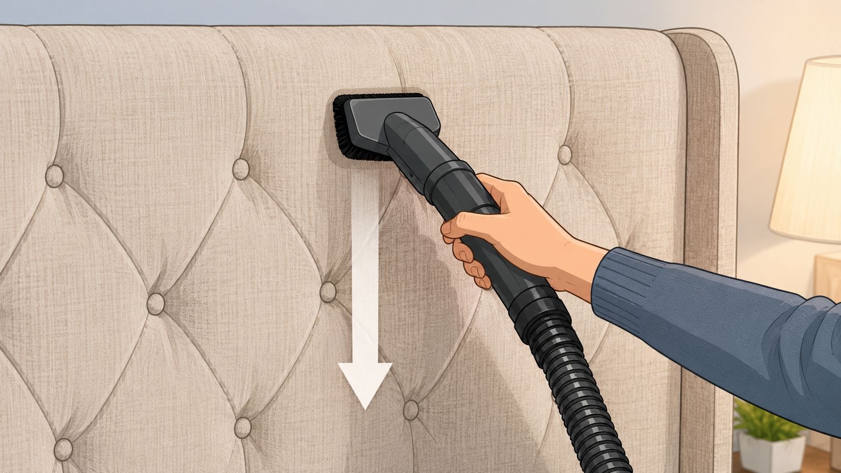 A hand using a vacuum attachment to clean the fabric surface of an upholstered button-tufted headboard.