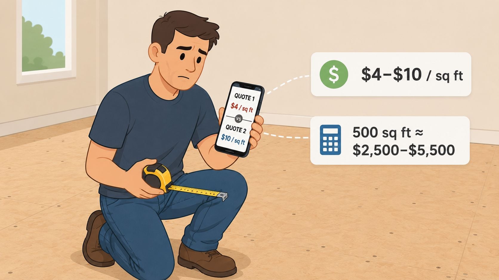 A man kneeling on a subfloor holding a phone showing flooring cost quotes with calculation data visible.