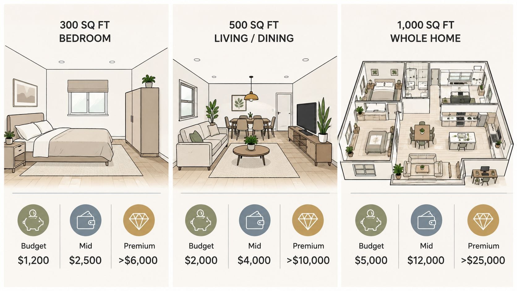 A comparison chart showing vinyl plank flooring installation cost estimates for bedroom, living room, and whole home projects.