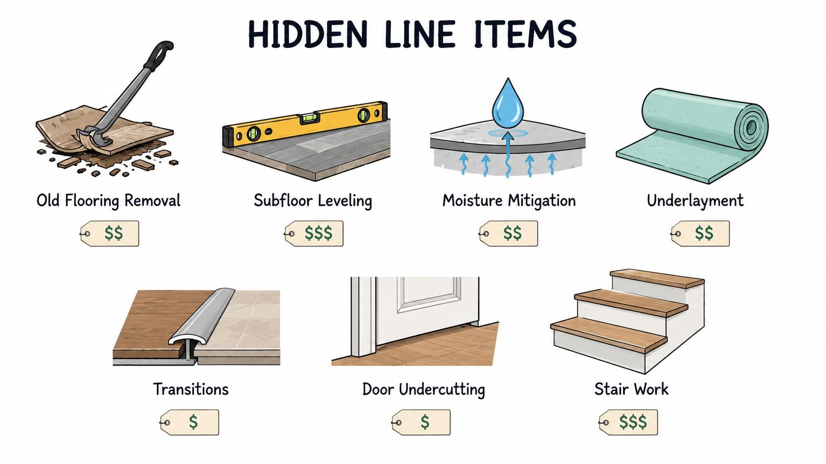 An infographic illustrating seven hidden costs associated with flooring installation, such as subfloor leveling and stair work.