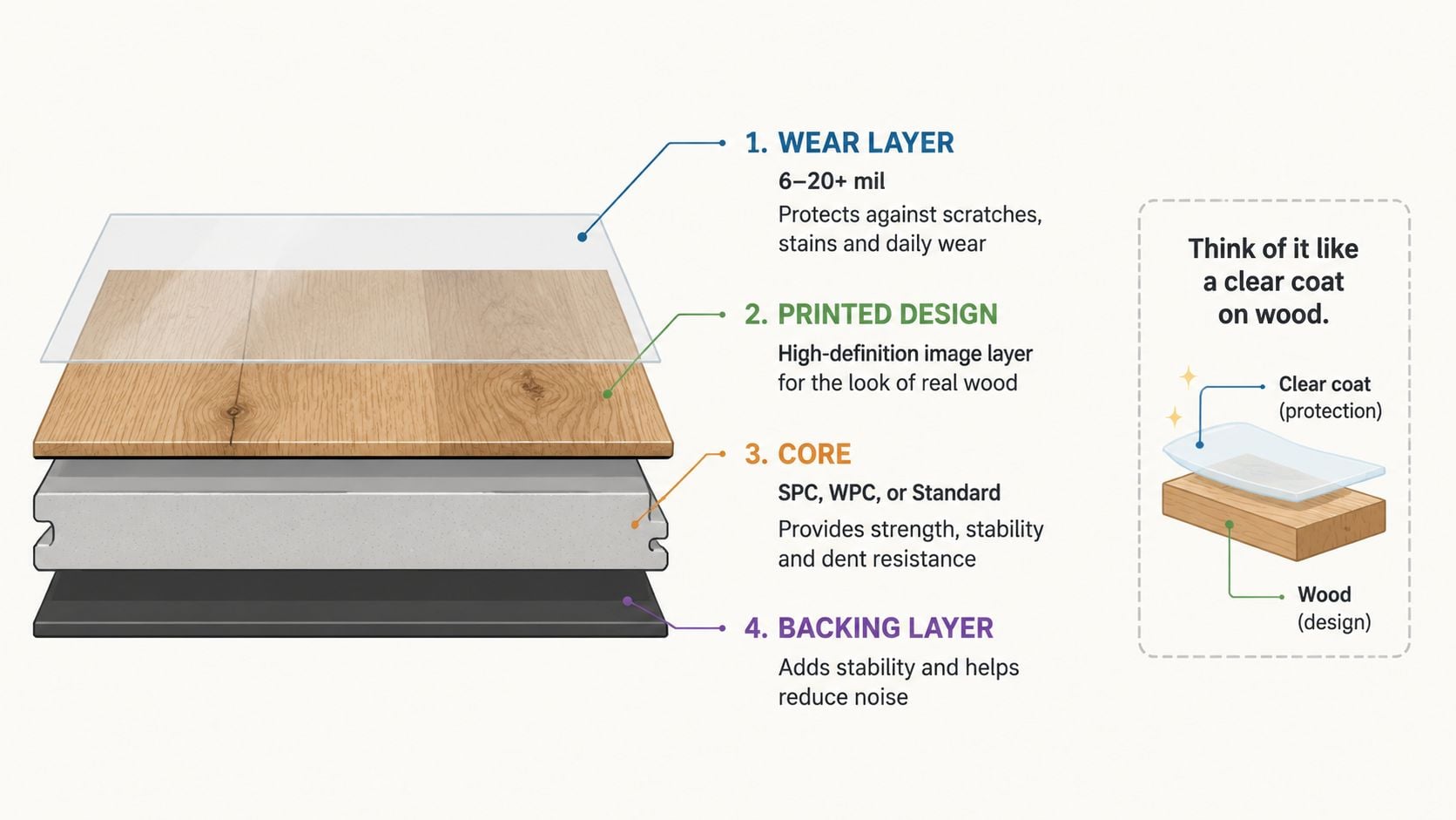 A diagram illustrating the four structural layers of vinyl plank flooring including wear layer, design, core, and backing.
