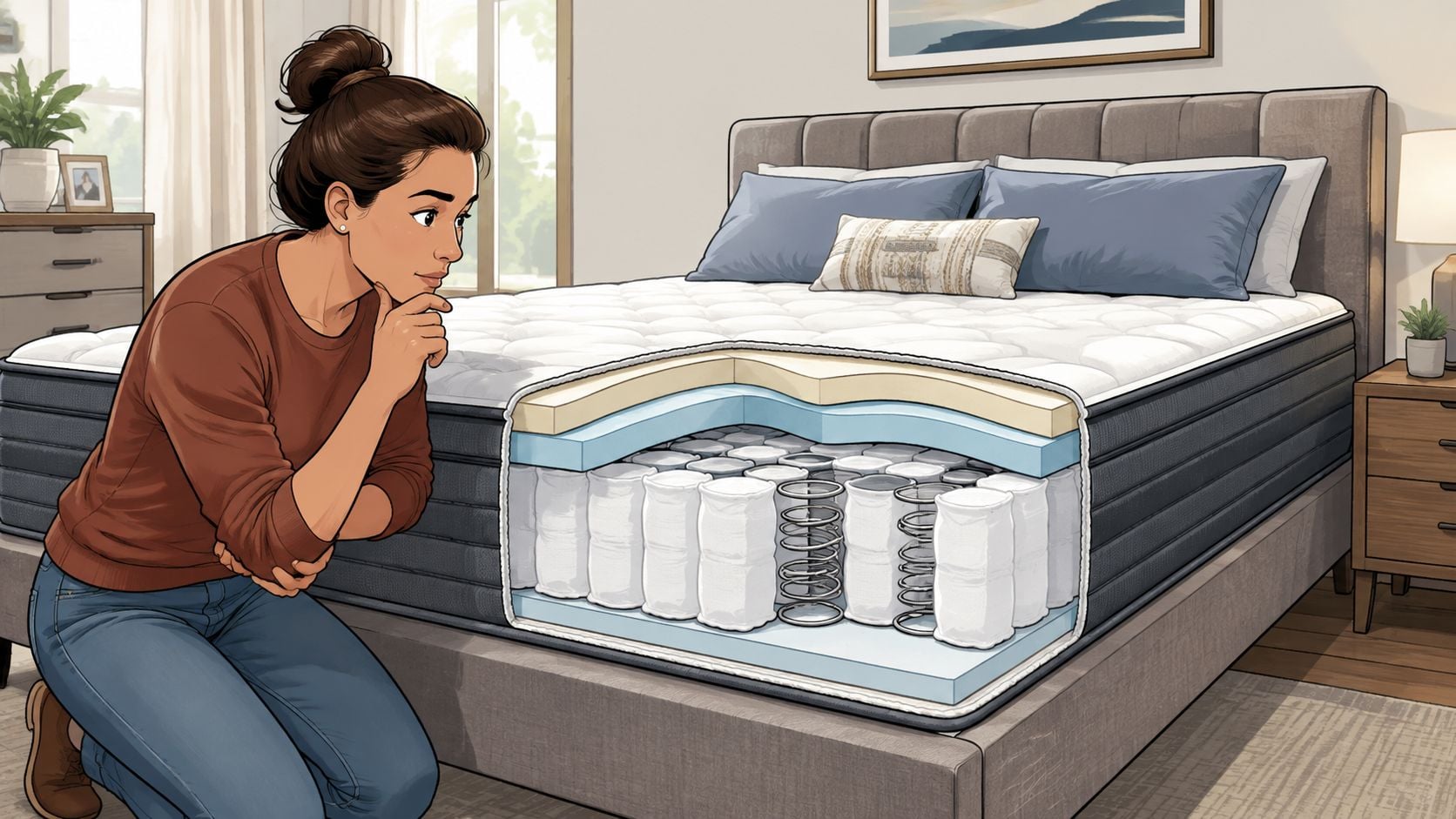 A woman looks curiously at a cutaway view of a hybrid mattress showing internal springs and foam layers.