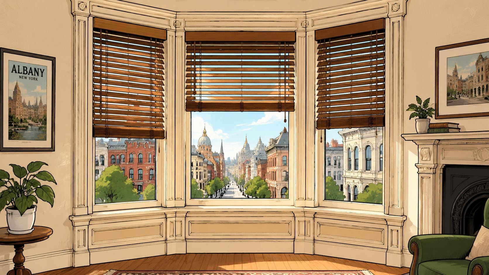 A cozy room with a bay window featuring classic wooden blinds overlooking a charming city street scene.