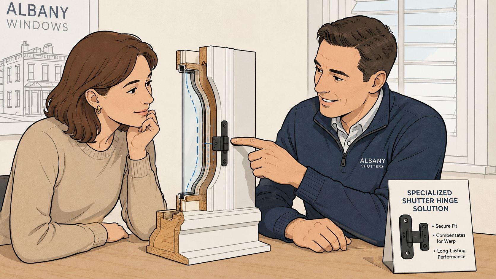A professional from Albany Shutters demonstrates a specialized hinge for a wooden window frame to a female customer.