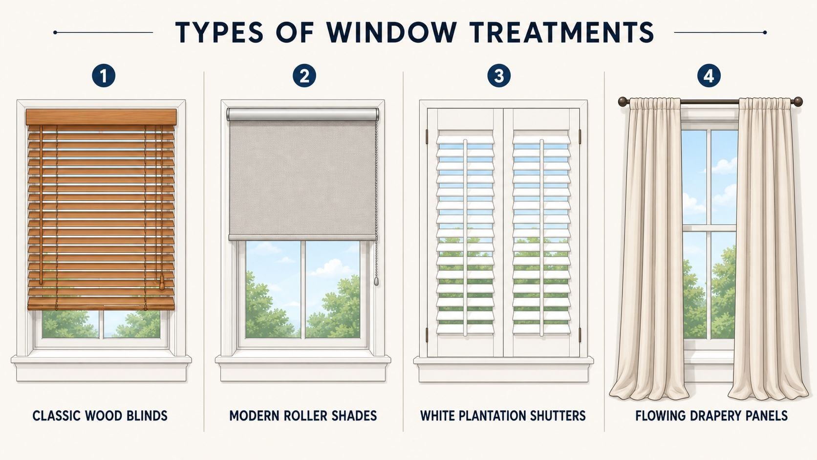 A visual guide comparing four common types of window treatments including wood blinds, roller shades, shutters, and curtains.