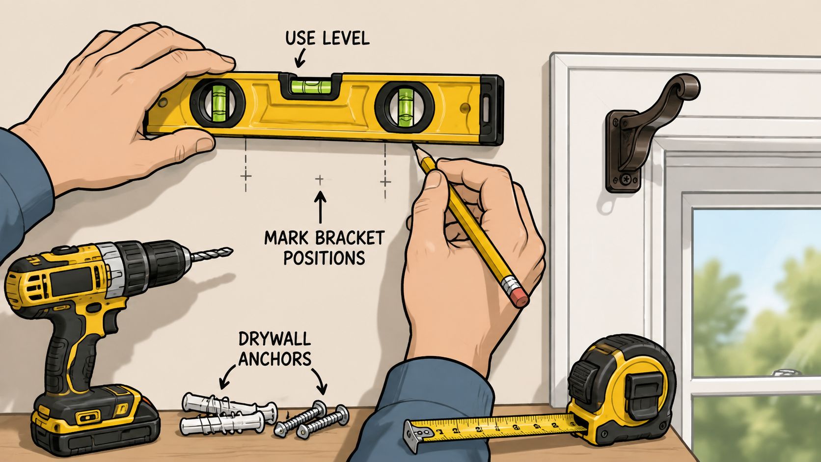 A person using a level and pencil to mark wall positions for installing curtain rod brackets.