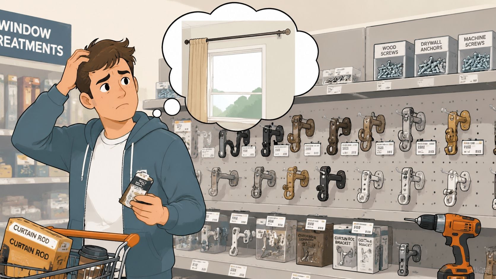 A confused young man in a hardware store holding a curtain rod, thinking about home window treatments.