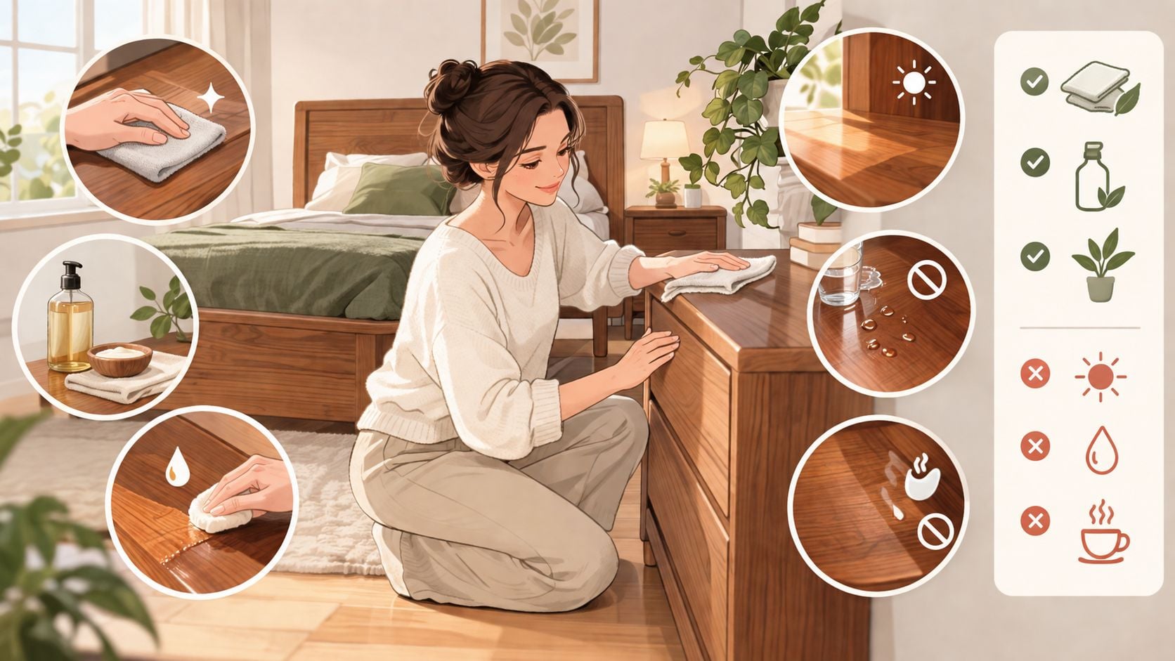 A woman carefully cleaning wooden bedroom furniture, shown alongside care icons for proper maintenance and protection.