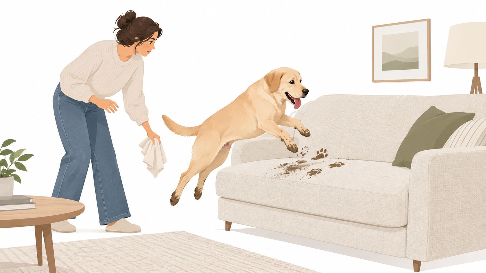 A woman looks concerned as her excited Labrador dog jumps onto a clean couch with muddy paws.