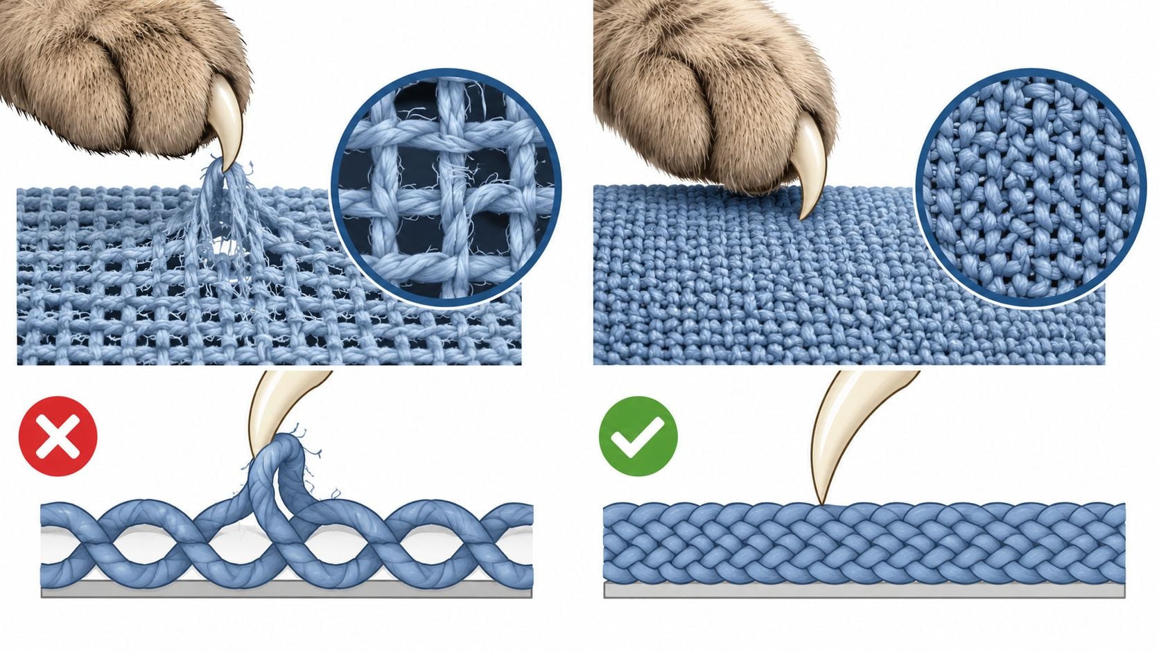 A side-by-side comparison of woven fabric snagging vs tight pet-friendly knit fabric under a cat claw.