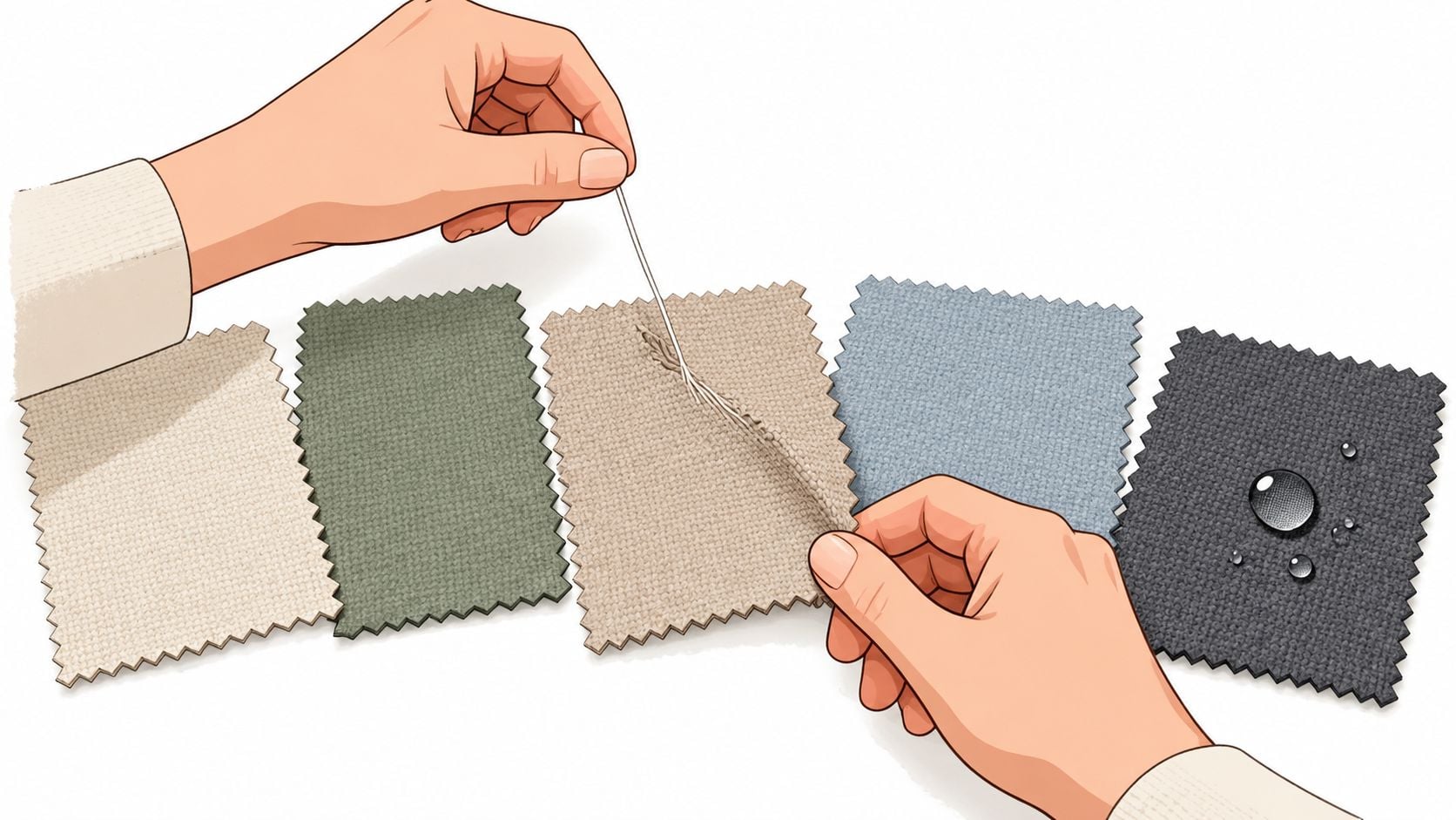 A person holding and comparing various textured fabric swatches in different colors for couch upholstery selection.