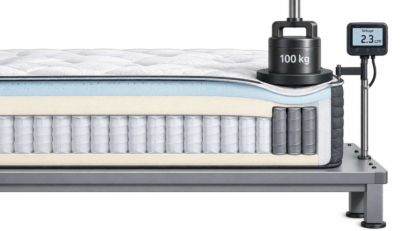 A cross-section of a mattress undergoing a pressure test with a 100 kg weight on the edge.