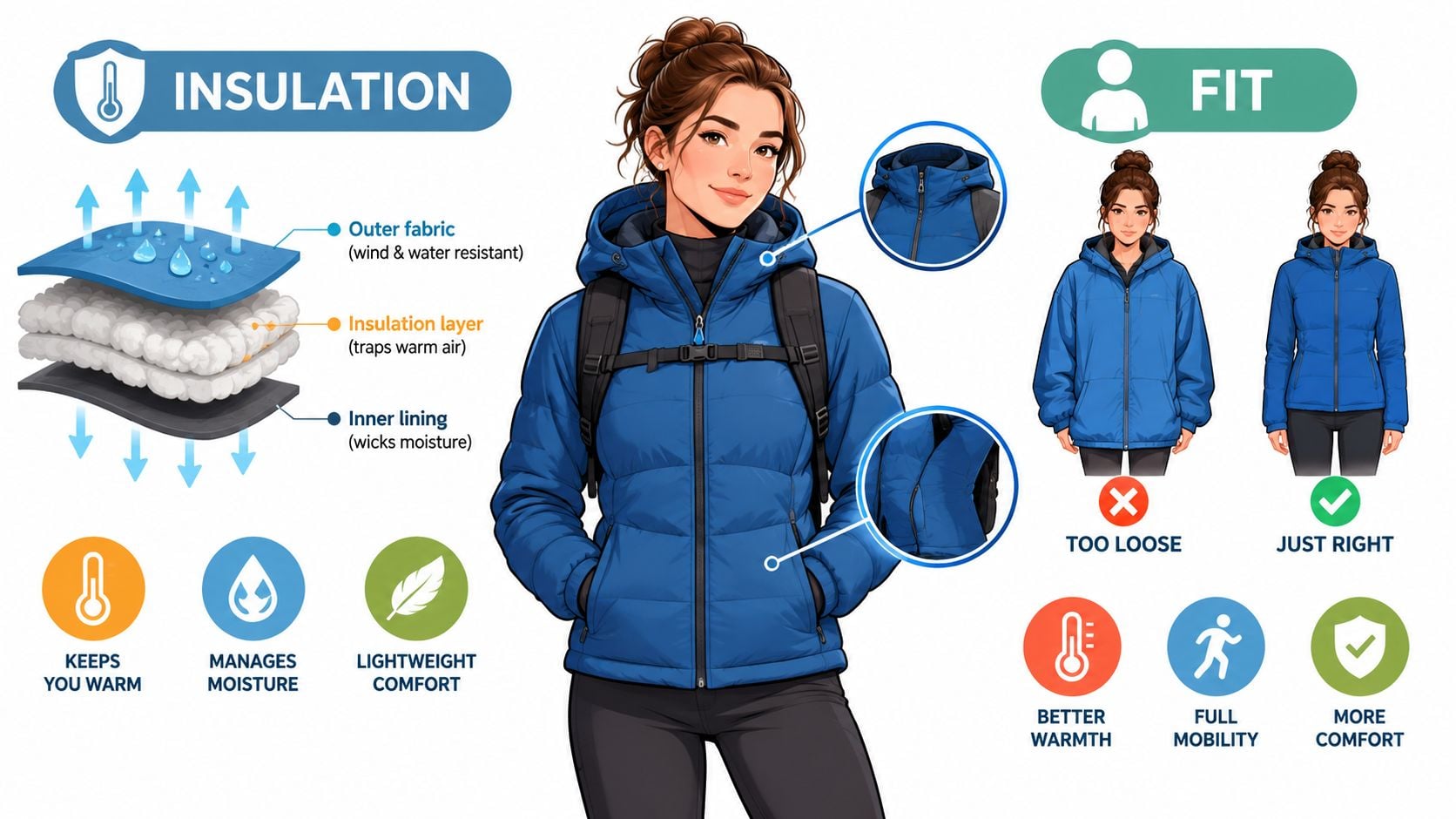 A diagram demonstrating the insulation layers, fit, and functional benefits of a blue outdoor insulated jacket.