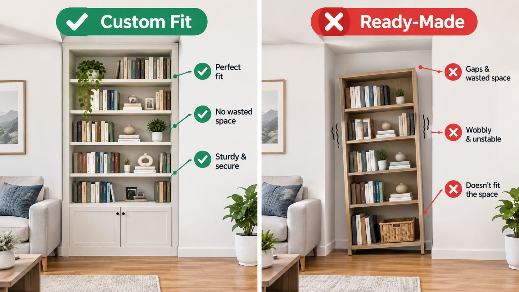 A side-by-side comparison showing a custom-fitted bookshelf versus an ill-fitting ready-made bookshelf in a living room.