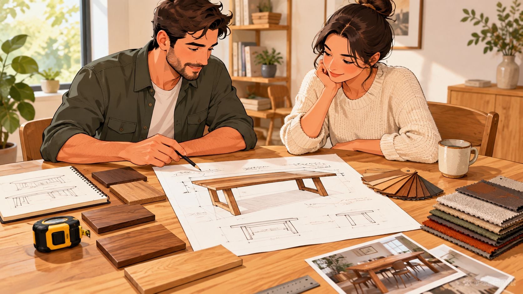 A man and woman collaborating on a custom wooden dining table design, reviewing blueprints and material samples.