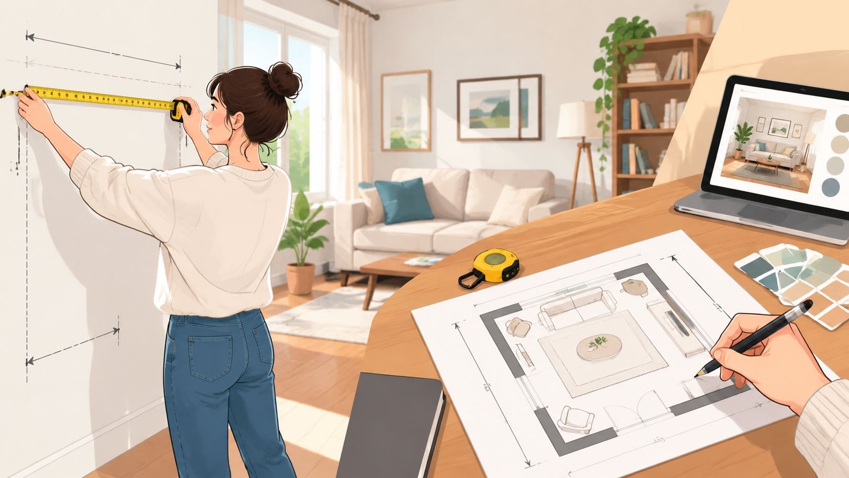 A woman measuring a wall and an interior designer sketching a room layout on a floor plan.