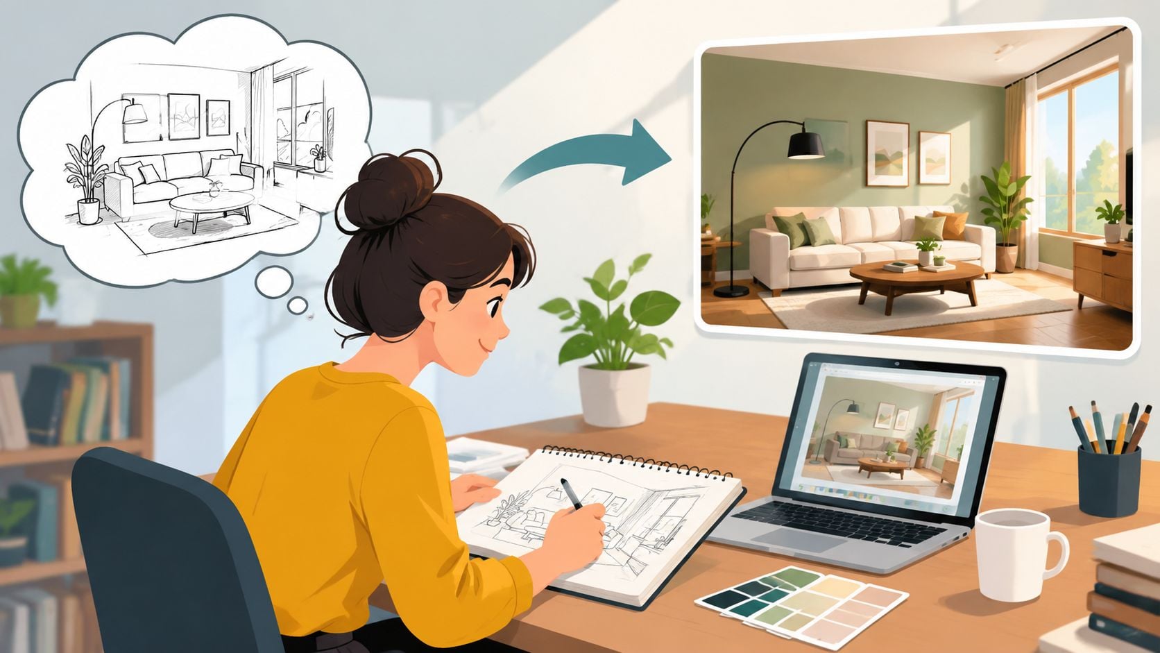 A digital artist sketching an interior design layout on a notepad while viewing a rendered living room.