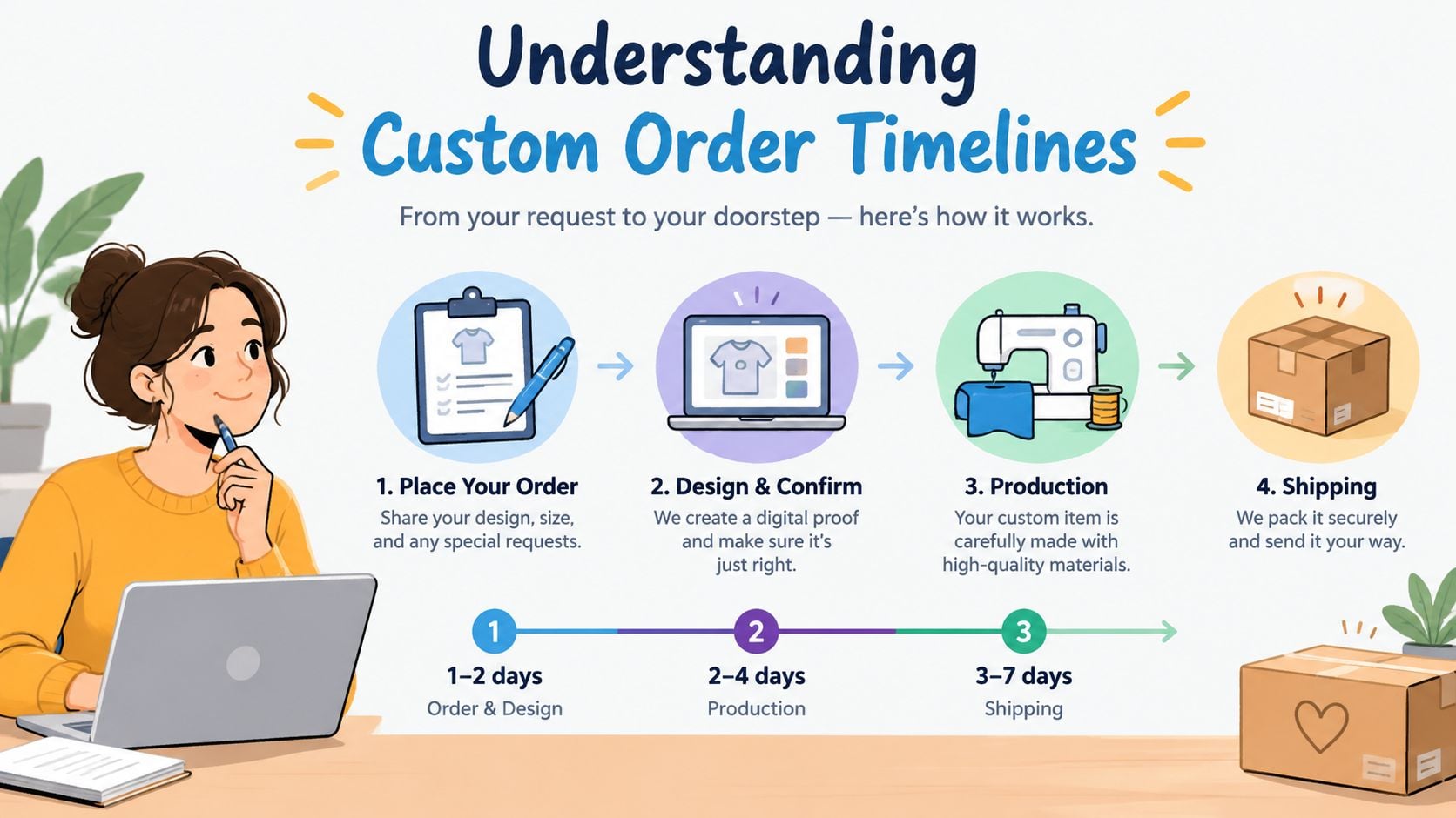 An infographic illustration showing the four-step custom order timeline process from order placement to shipping.