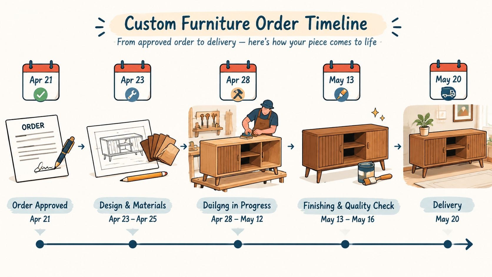 An infographic illustrating the custom furniture order timeline from initial approval to final home delivery