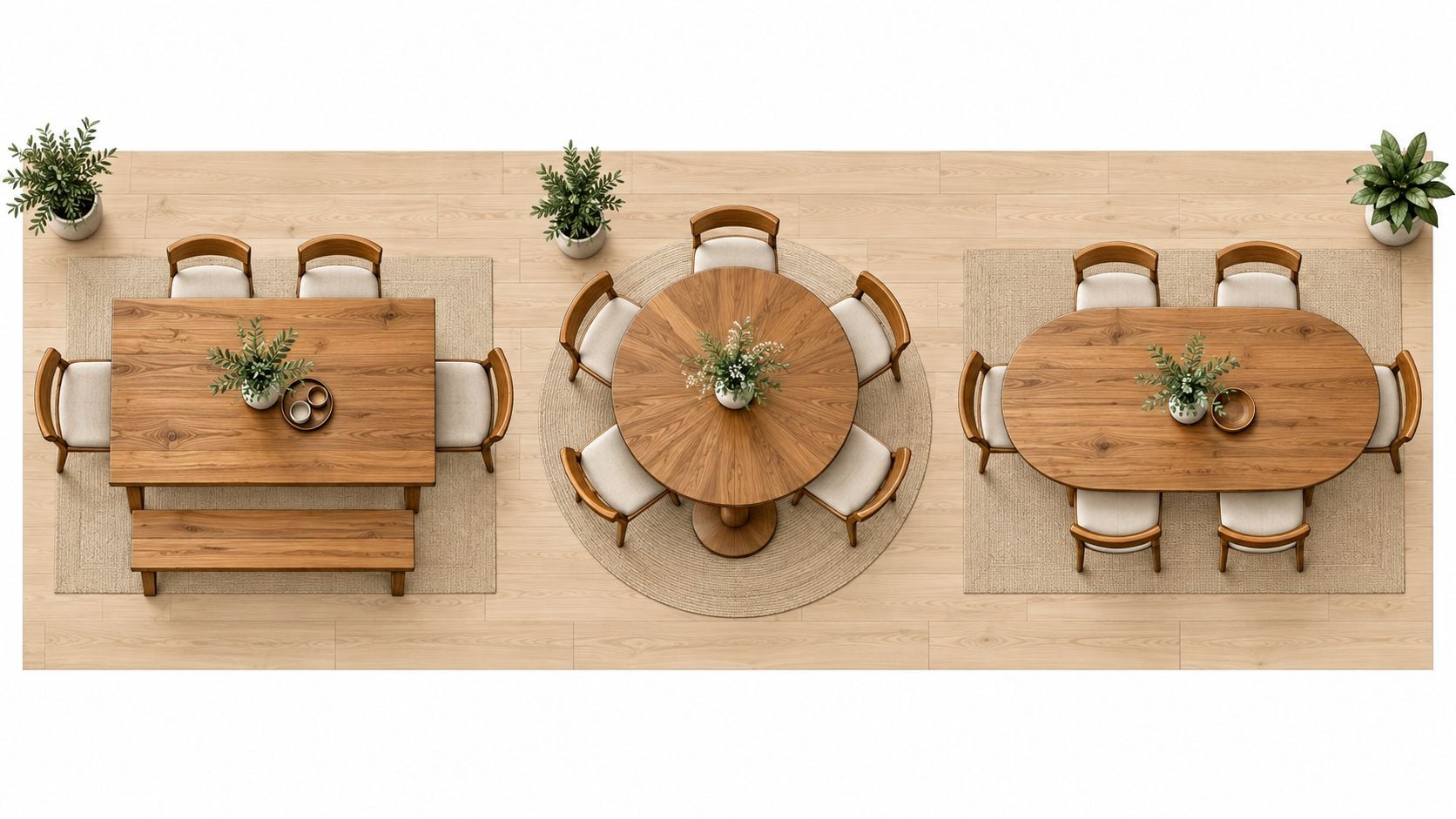 Three different modern dining room sets with wooden tables and upholstered chairs arranged on a wooden floor.