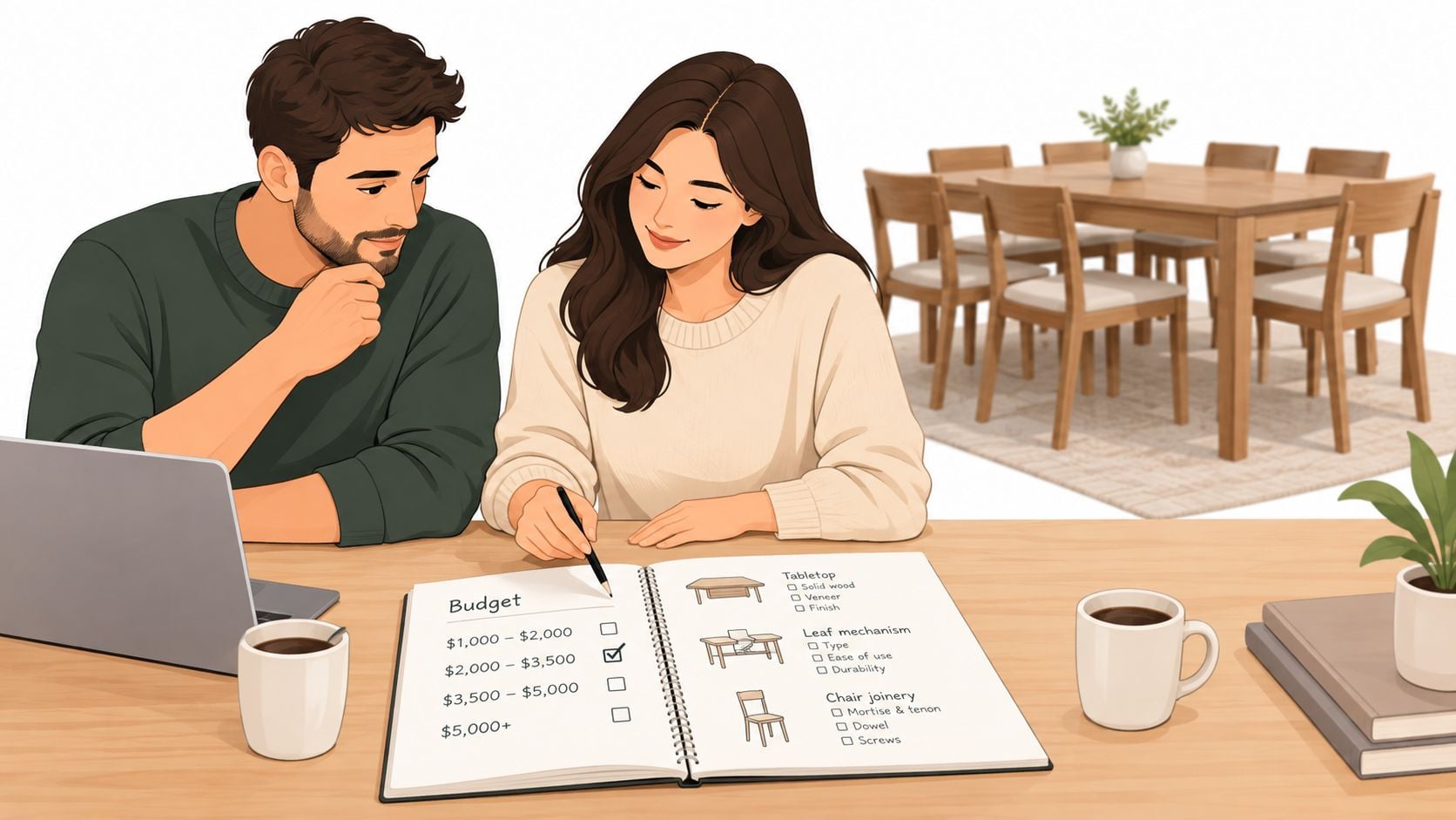 A couple planning a dining room furniture budget while sitting together at a desk with a notebook.