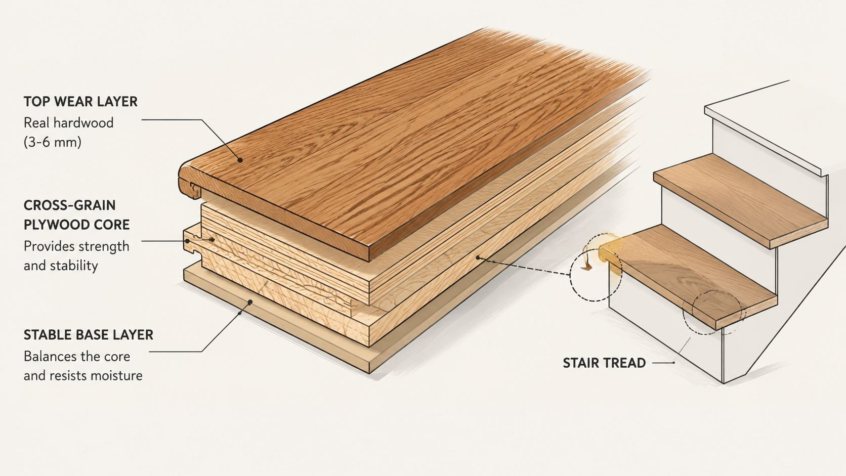 A diagram showing the three layers of engineered hardwood flooring used to construct a durable stair tread.