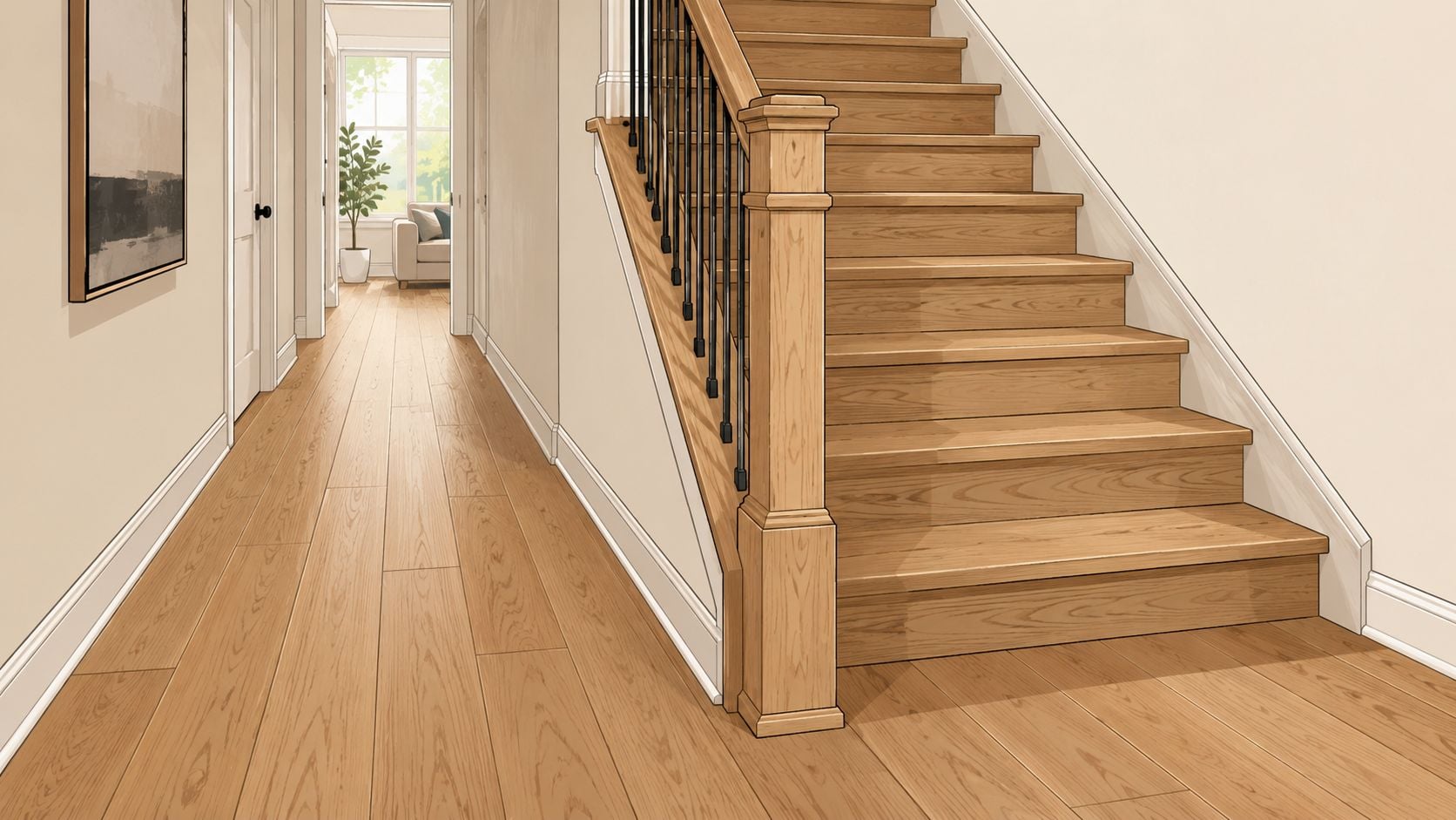 A bright hallway featuring natural engineered hardwood flooring and a wooden staircase with black iron spindles.