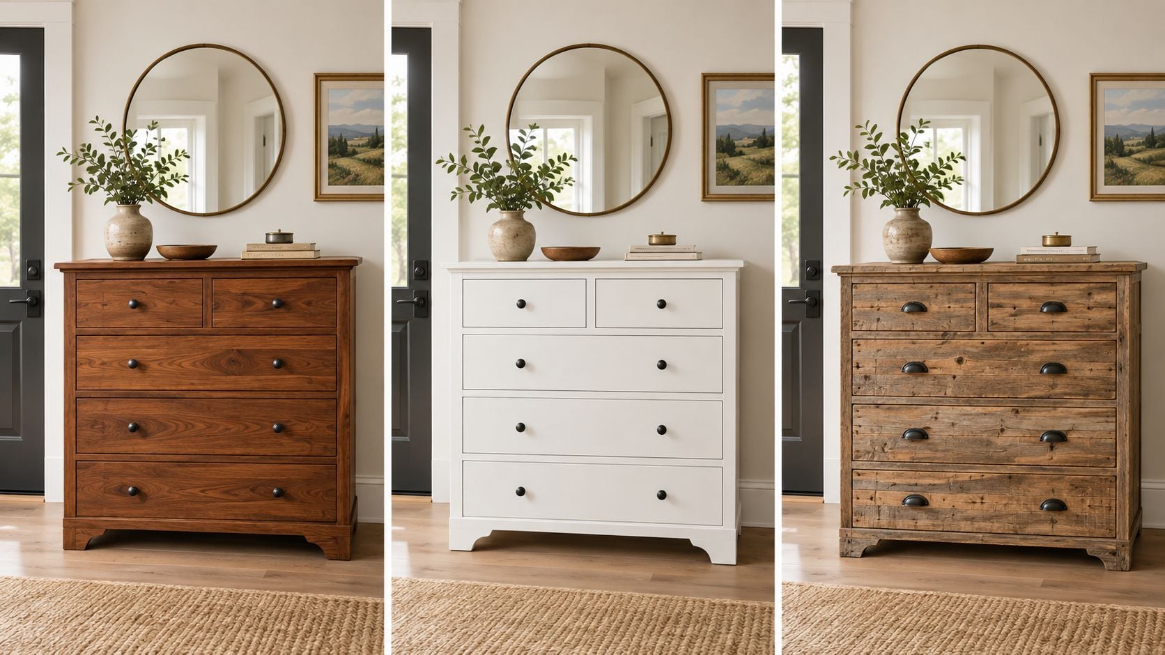 Three different styles of wooden chest of drawers displayed against a wall with mirrors and decor.