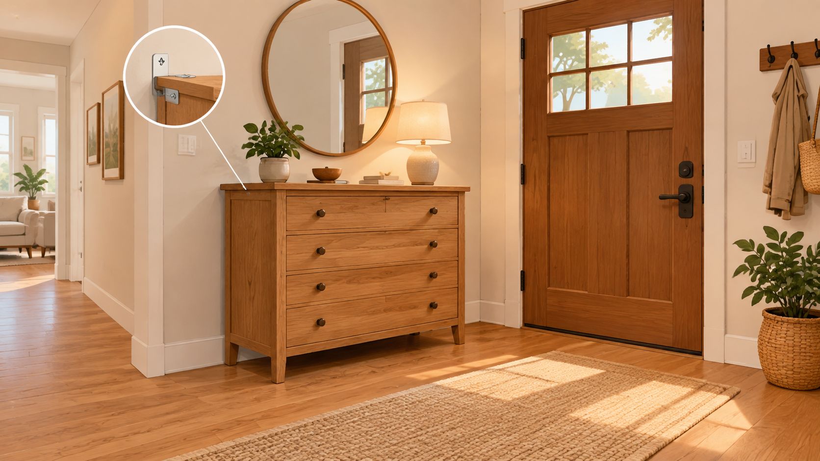 A wooden chest of drawers secured to the entryway wall with metal safety brackets for childproofing.