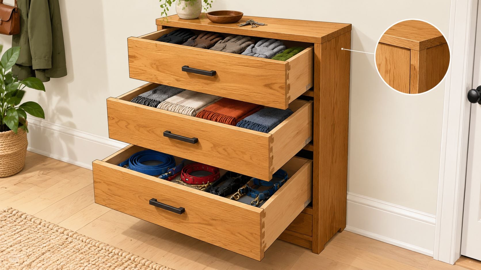 A wooden chest of drawers in an entryway featuring three open drawers filled with scarves, accessories, and pet leashes.