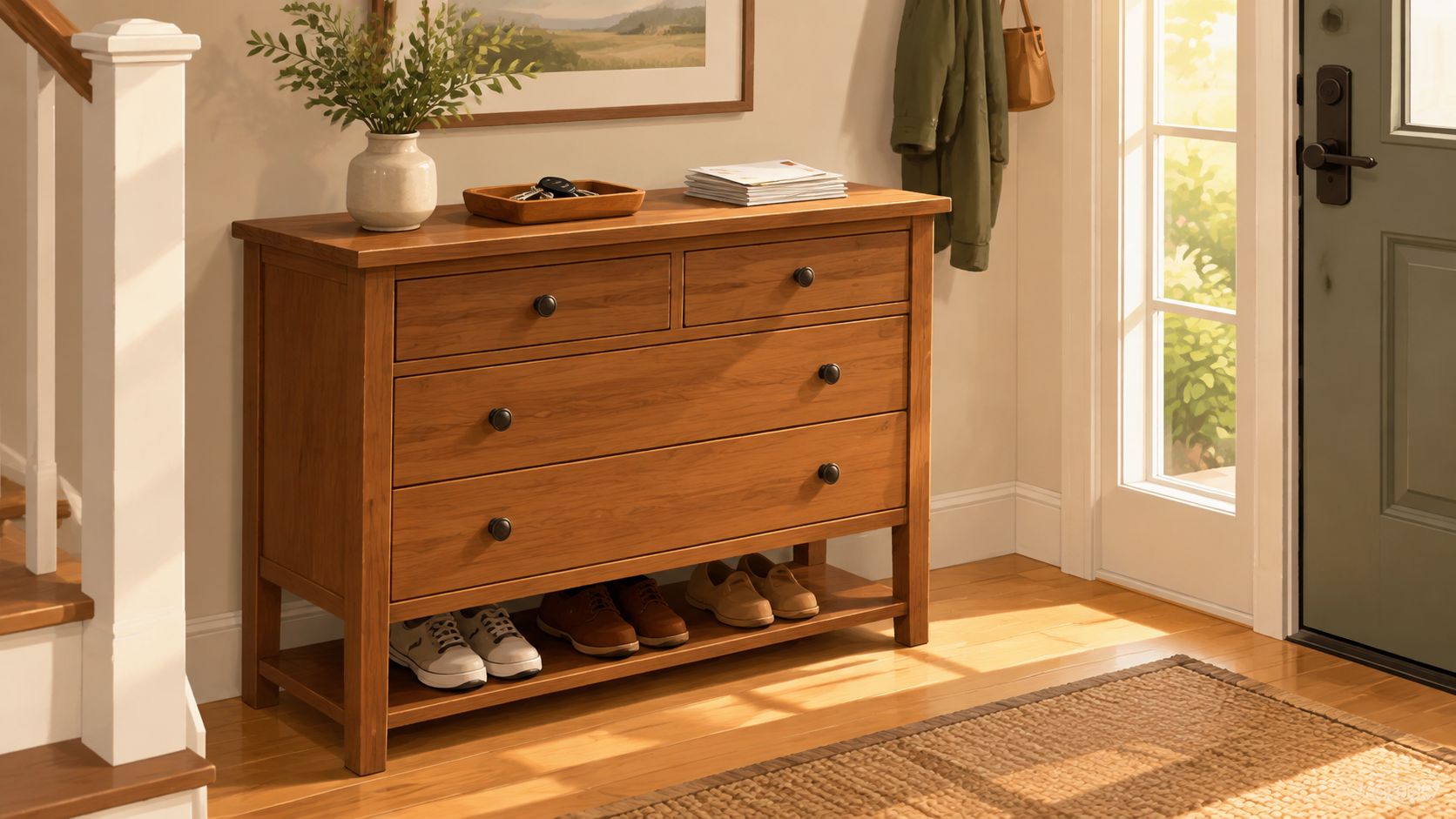 A wooden entryway chest of drawers with drawers, a shelf for shoes, and decorative items on top.