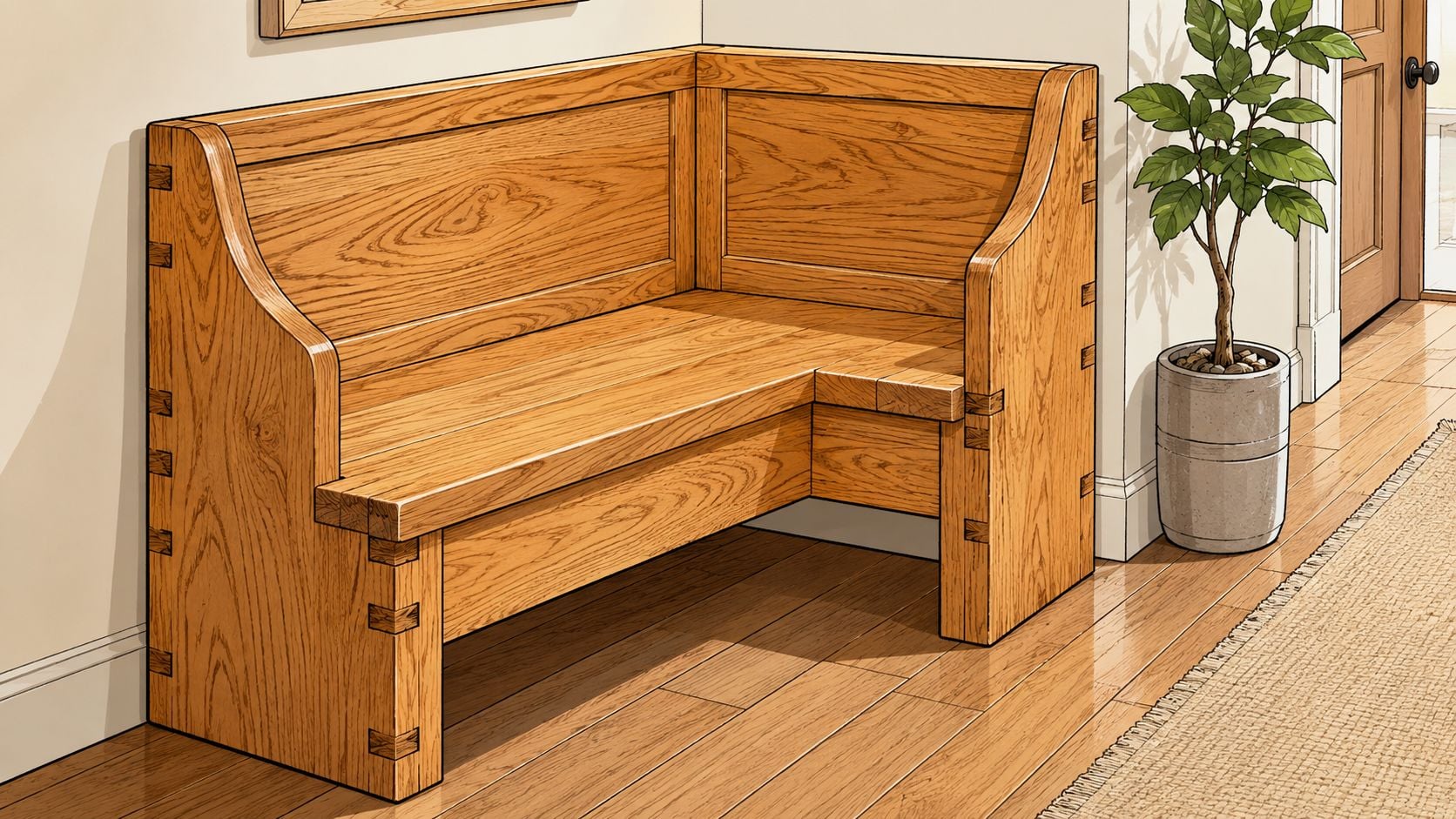 A rustic oak corner bench with traditional joinery sitting in a bright and cozy indoor entryway.