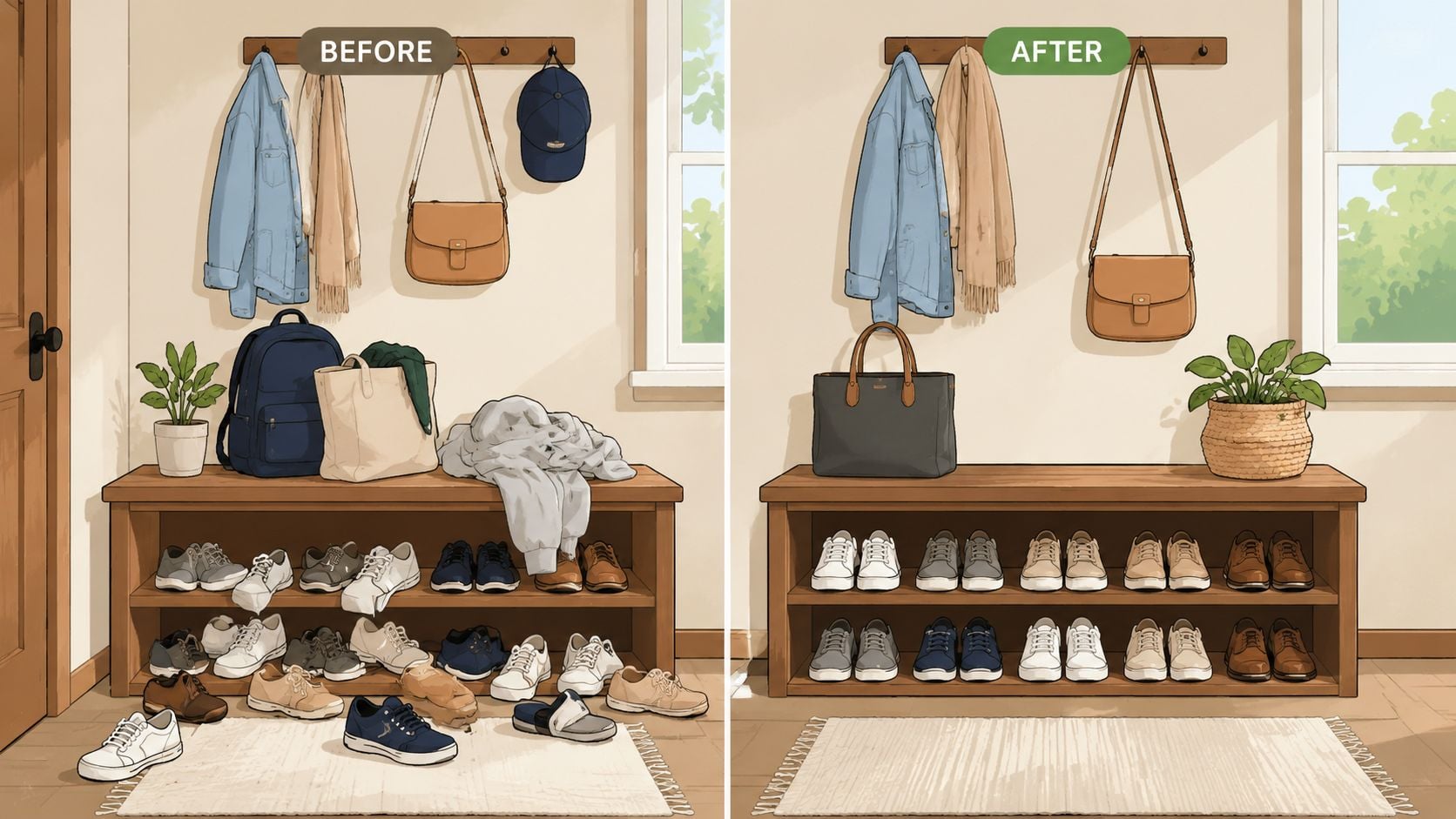 A split image showing an entryway corner bench before and after decluttering and organizing shoes and accessories.
