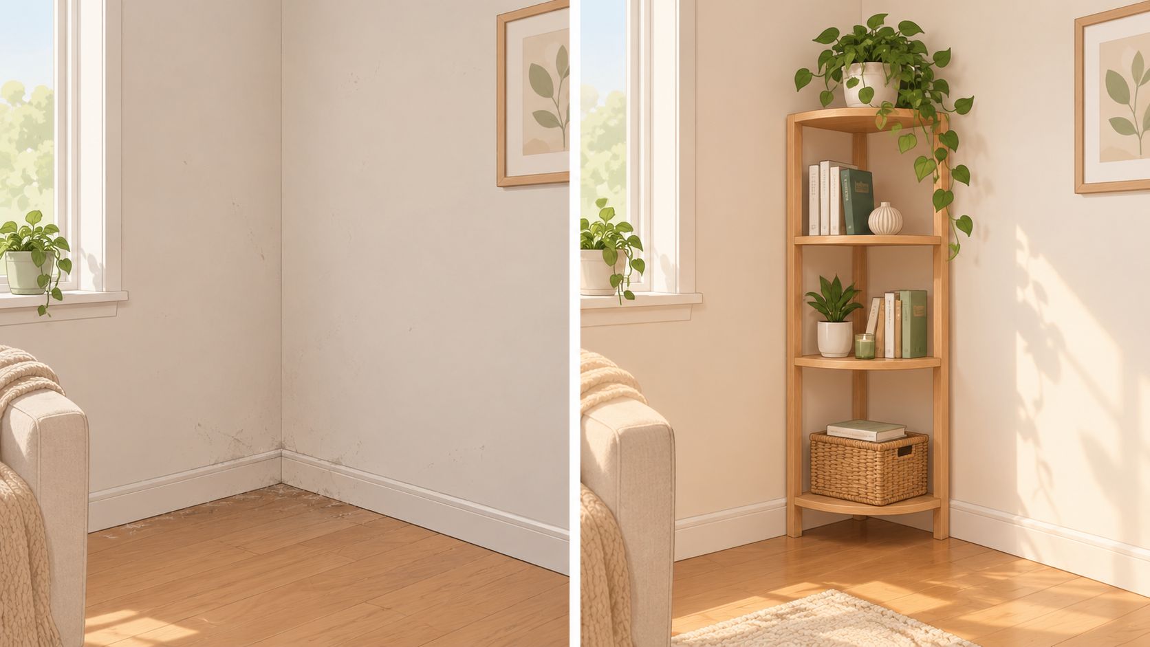 A split image showing a bare corner next to a sofa and the same space styled with free standing corner shelves.