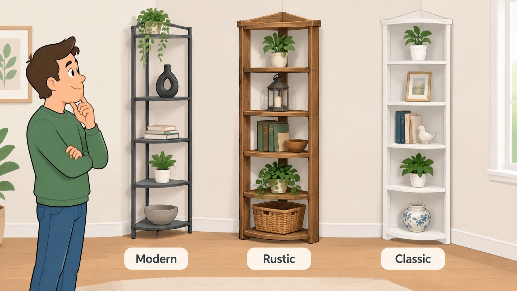 A man looks thoughtfully at three different styles of free standing corner shelves: modern, rustic, and classic.