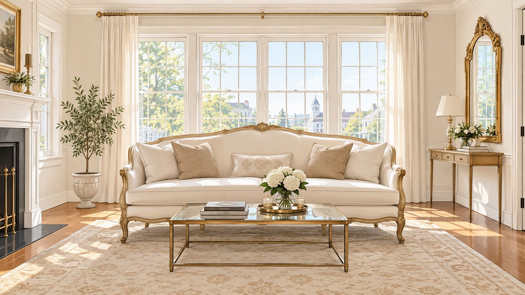 A sophisticated French style sofa in a bright, elegant living room with neutral colors and gold accents.