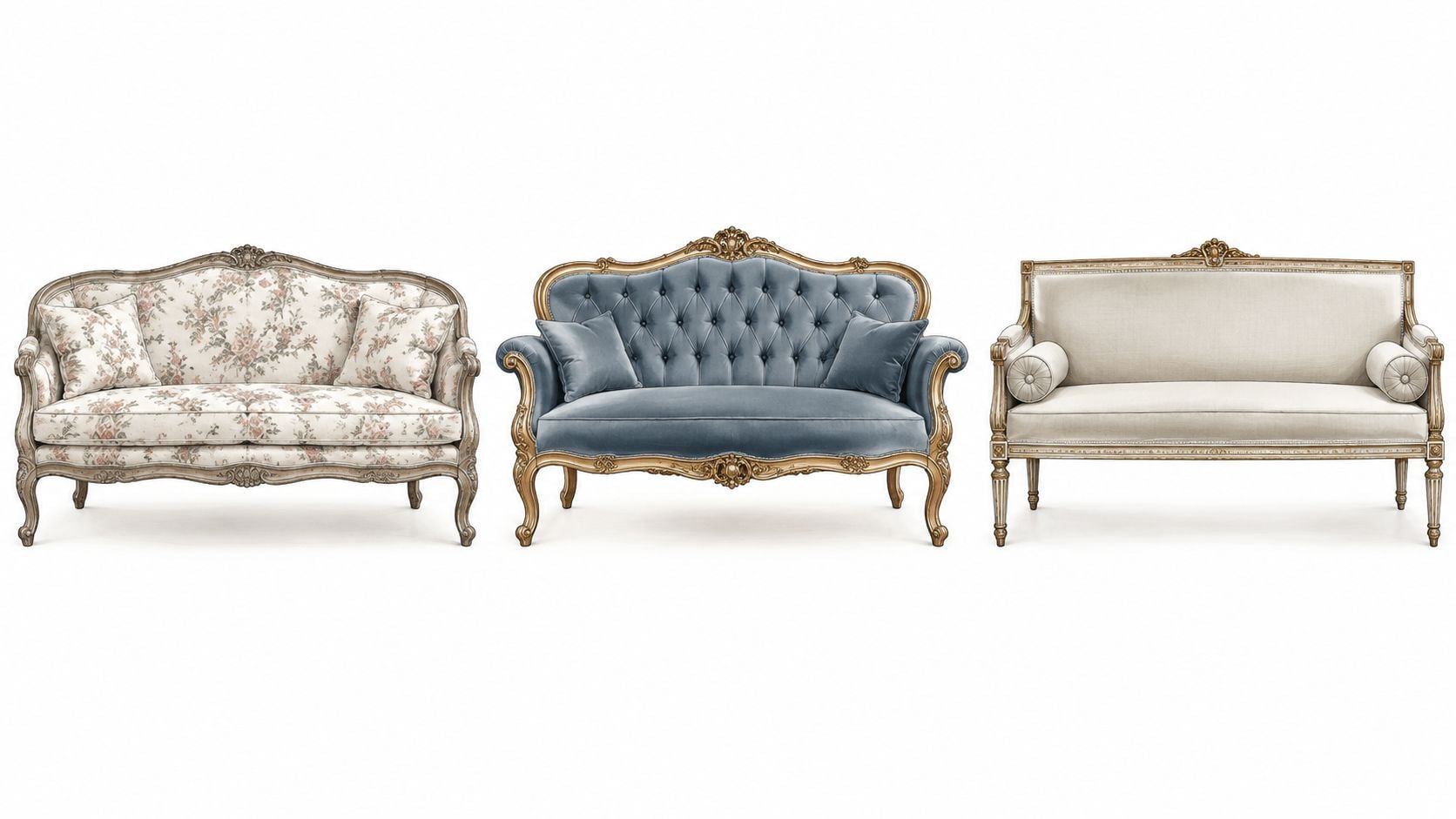 Three elegant French-style vintage sofas displayed in a row against a plain white background.
