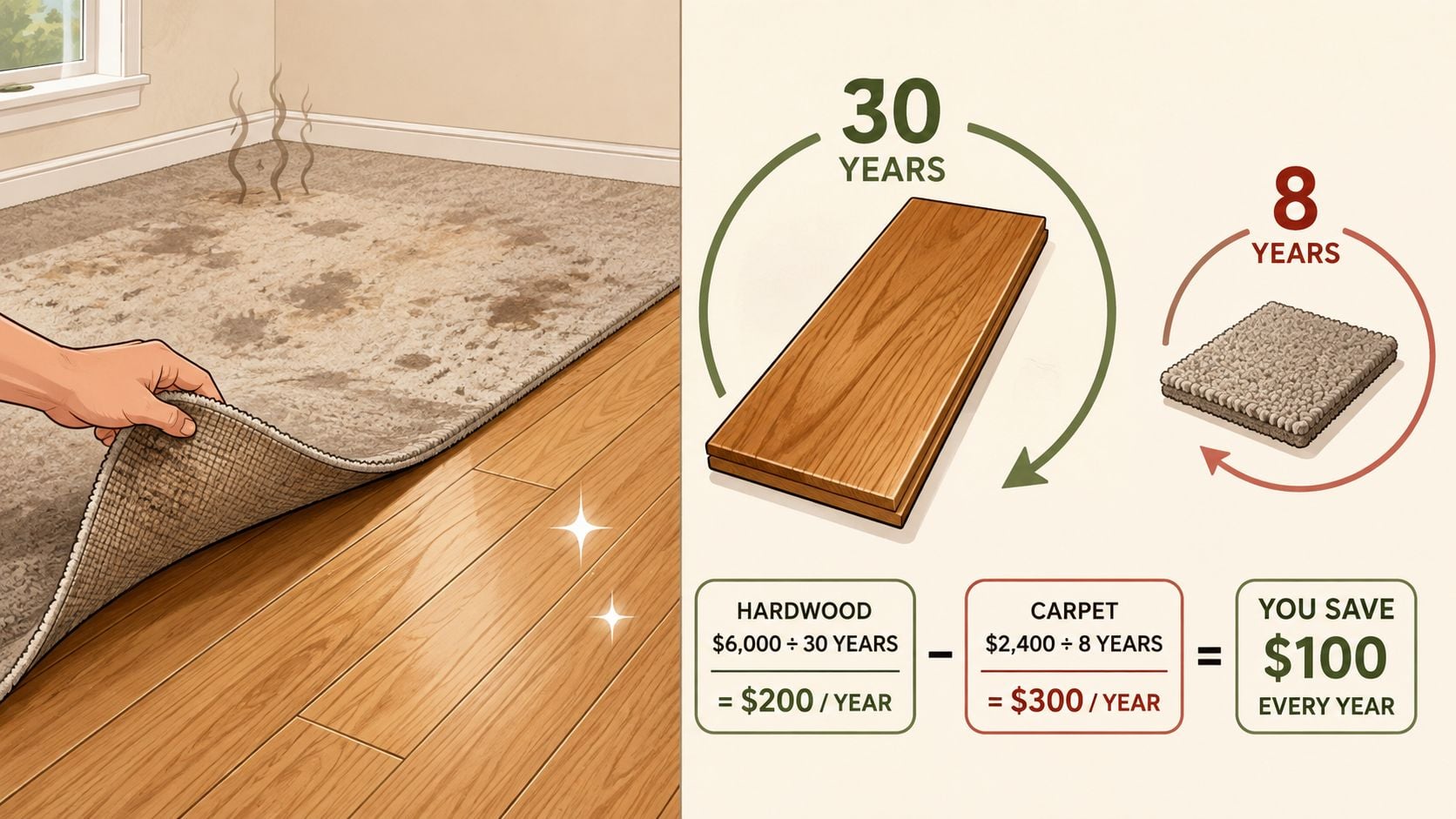 An infographic comparing the long-term annual costs of installing hardwood flooring versus carpet flooring.