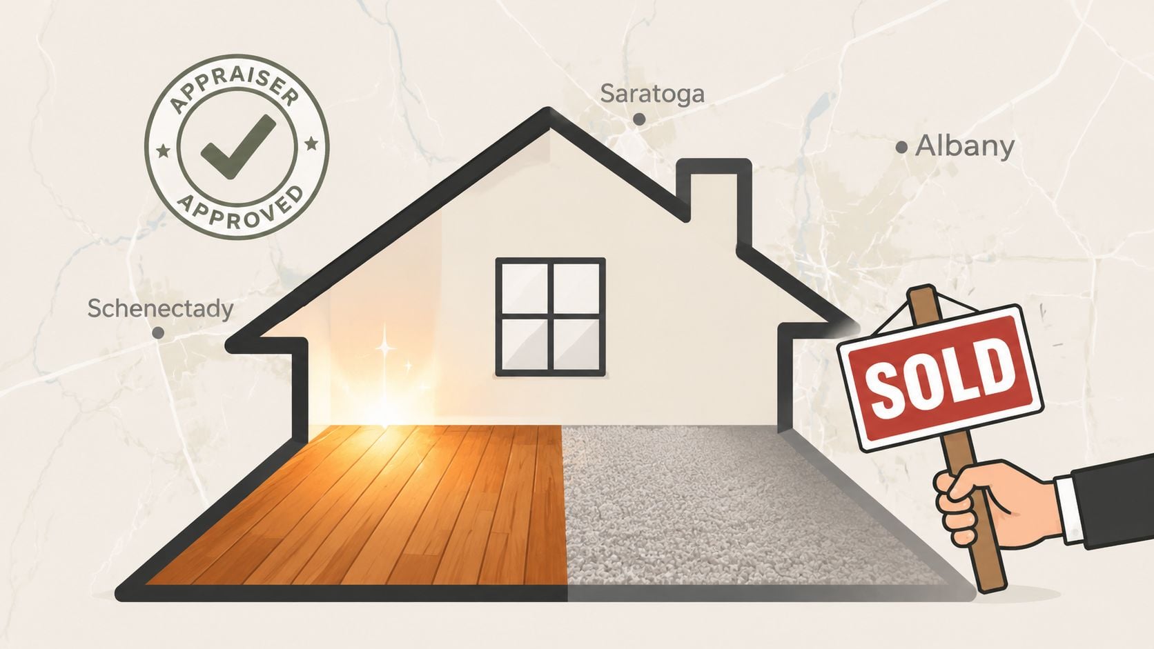 A house illustration comparing hardwood flooring and carpet with a Sold sign and Appraiser Approved stamp.